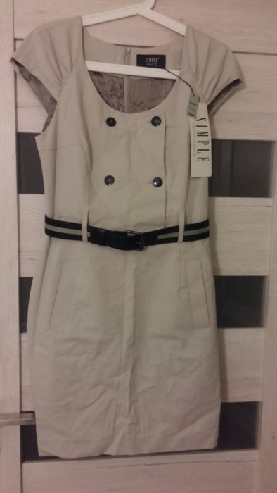 Sukienka SIMPLE rozmiar 40 ecru z paskiem kieszeniami NOWA 50% taniej