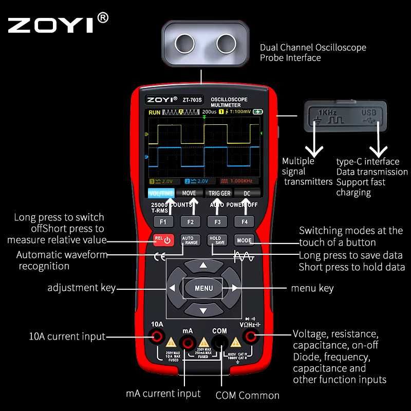 Oscyloskop 2 x 50 MHz + Multimetr + Generator, ZOYI ZT-703S + GRATIS