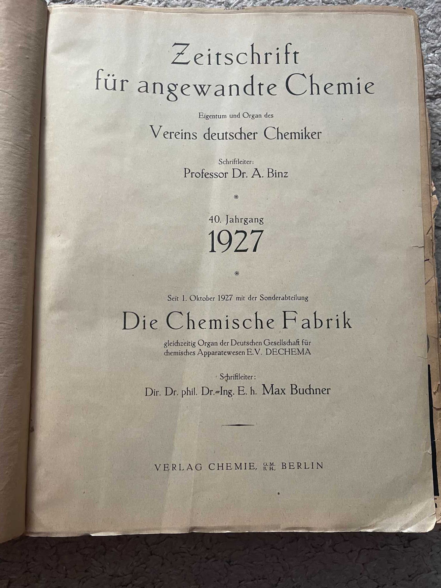 Zeitschrift fur angewandte Chemie Журн приклад химии Германия 1927 год