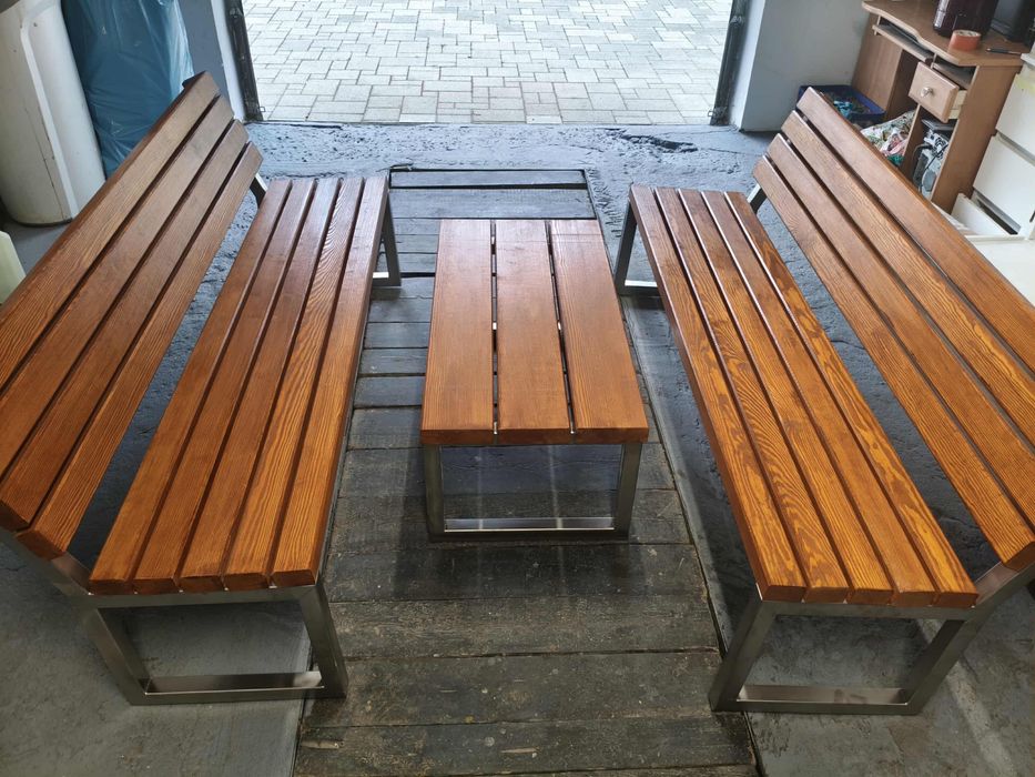 Zestaw mebli ogrodowych inox 316 + drewno | TIG | Ławki + stolik