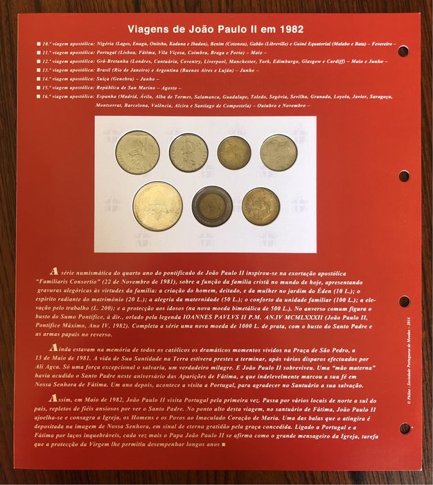 Lote de 7 Moedas (Liras) 1982–Cidade do Vaticano, Papa João Paulo II