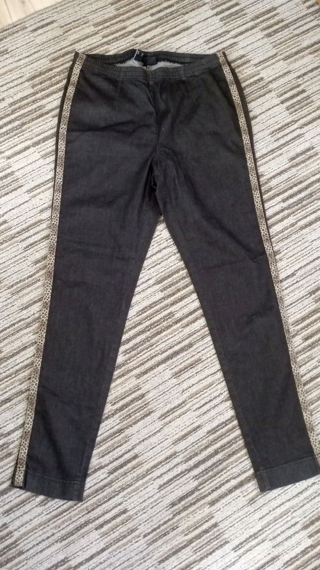 Spodnie dżinsowe czarne lampasy w panterkę wysoki stan guma w pasie 44
