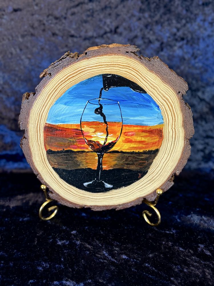 Copo de Vinho ao Pôr do Sol – Arte em Madeira Pintada à Mão