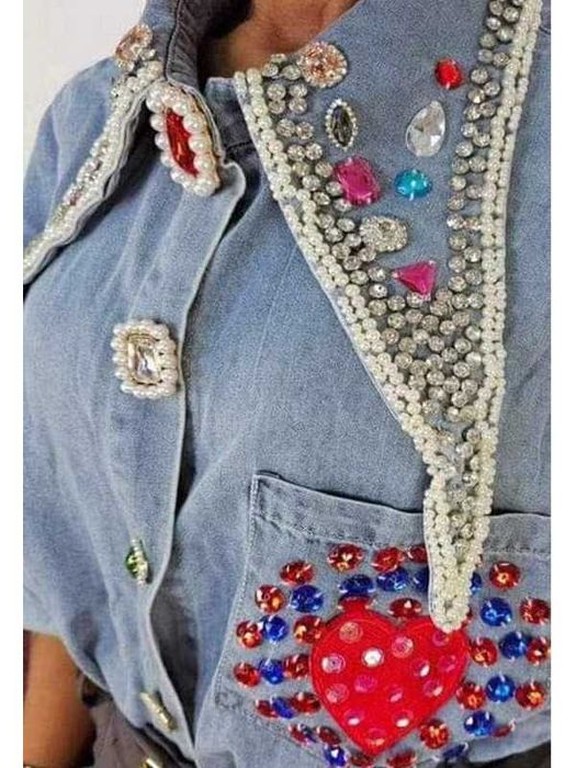 Regular Denim nowa koszula dżinsowa biżuteryjna długi kołnierzyk