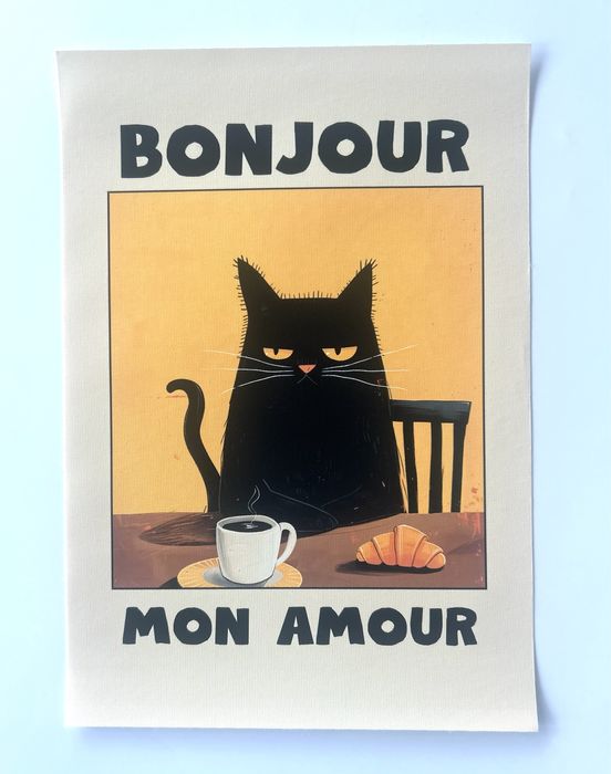 Plakat A4, kotek, bonjour mon amour