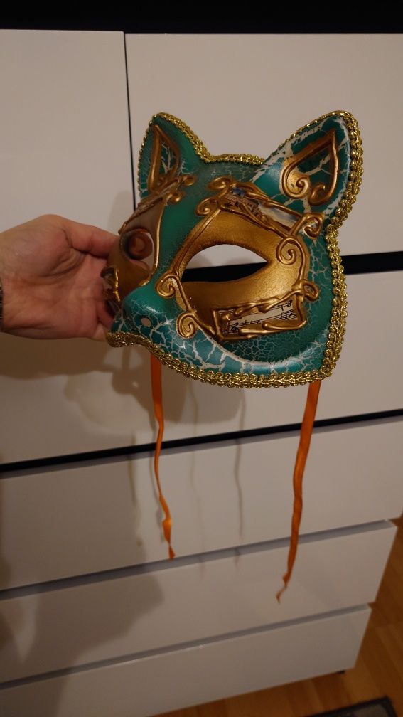 Maska Kot Kotek ozdobna zielono złota nowa