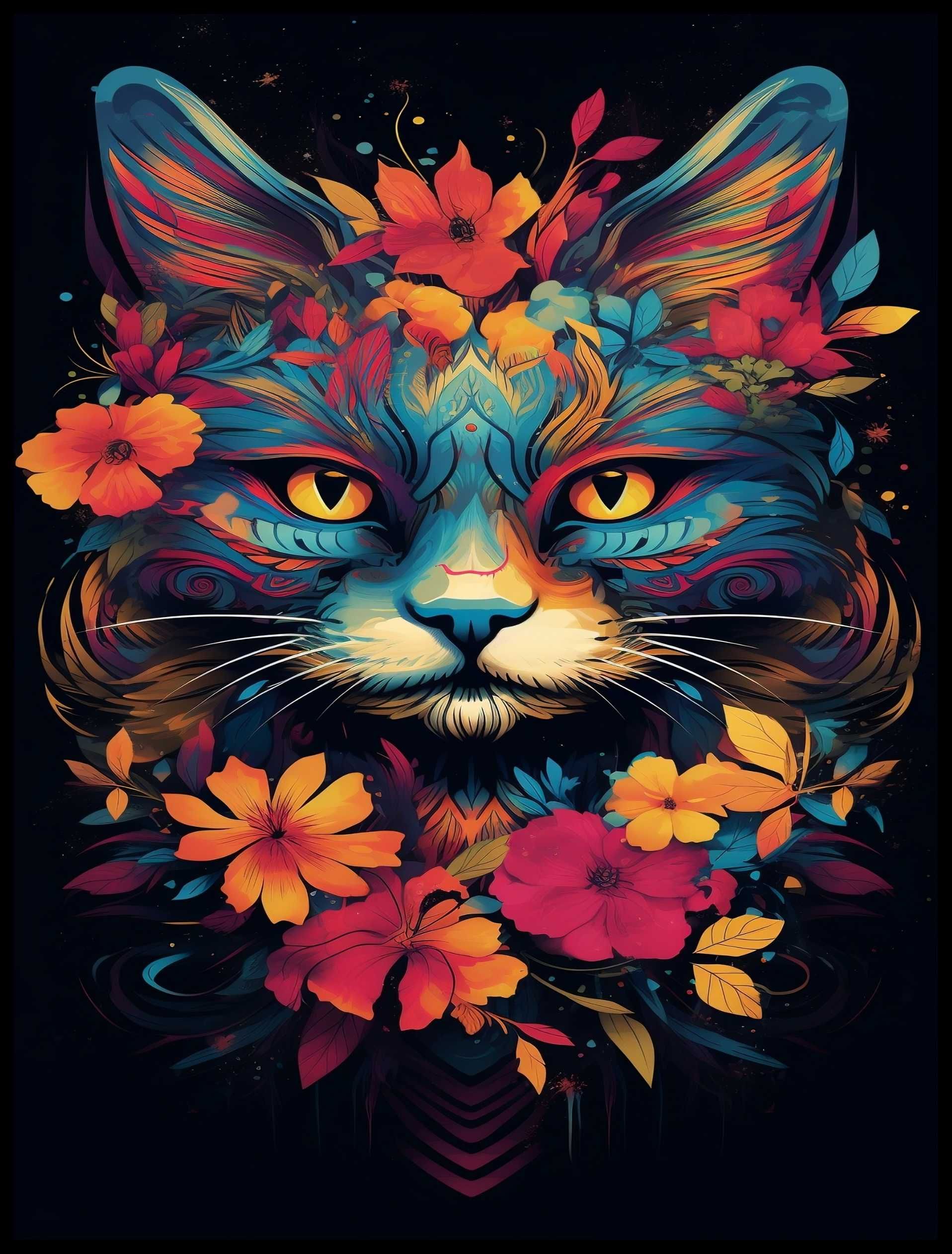 Plakat na Ścianę Obraz Kwiecisty Kot Sztuka Kolory 50x70 cm Premium