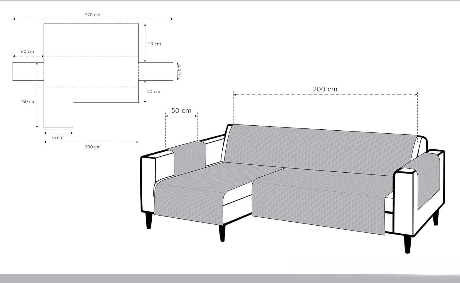 Textilhome Pokrowiec na narożnik sofę lewostronny 200 cm, czarny