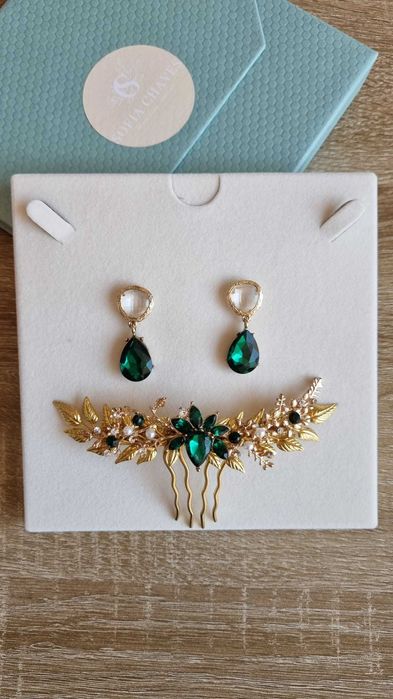 Conjunto Toucado e Brincos – Cristal Verde / Dourado