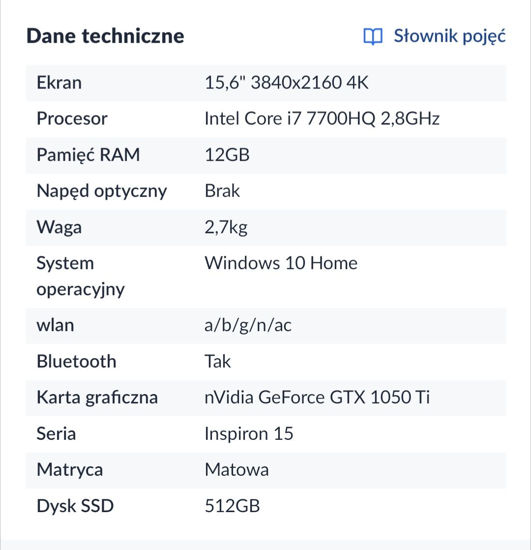 Dell Inspiron 15 i7-7700HQ/12G/512/Win10 GTX1050Ti