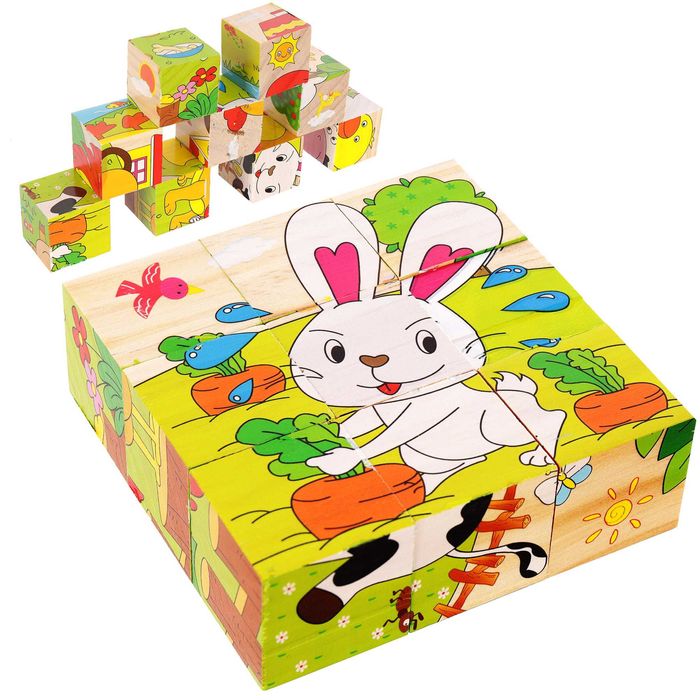 LT321 NOWE EDUKACYJNE drewniane klocki układanka puzzle 6 obrazków w 1
