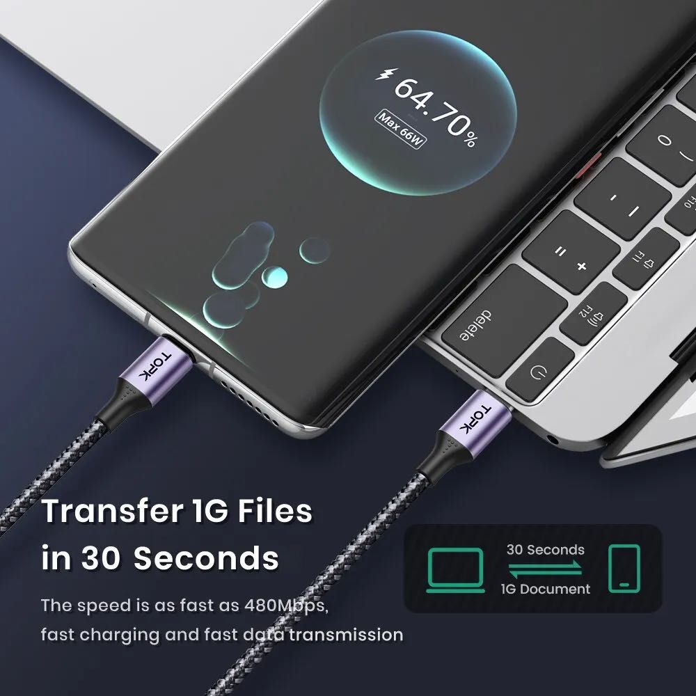 Kabel TOPK 2m 60W PD USB-C do USB-C Przejściówka USB Szybkie Ładowanie