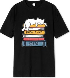 T-shirt z motywem kota i książek. 100 % bawełna.