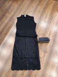 3 rzeczy!: Bluzka czarna & spódnica koronkowa& TOREBKA ELEGANCKA OKAZJ