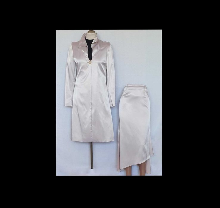 Długi żakiet Płaszczyk wiosenny Spódnica asymetryczna Zestaw Leo Lazzi