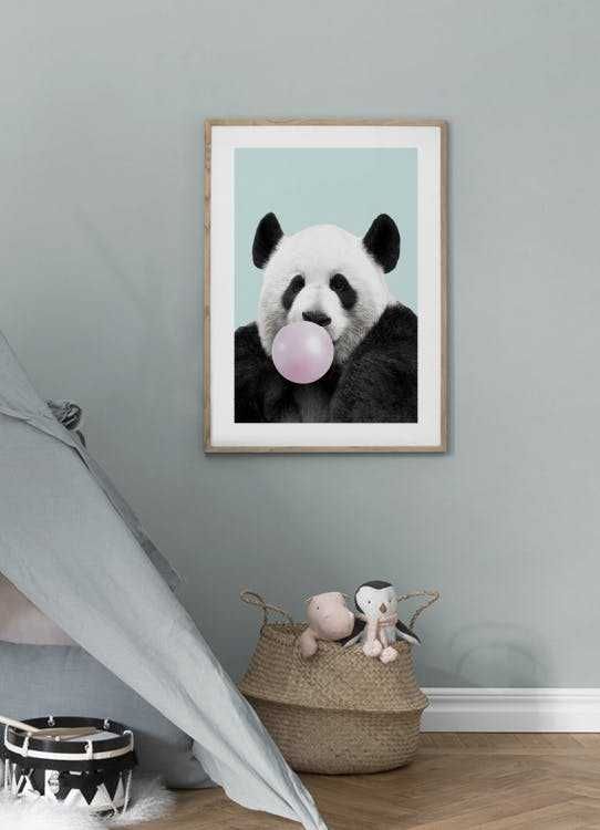 Plakaty Obrazy Panda i Żyrafa z Gumą Balonową Gruby Papier A2!