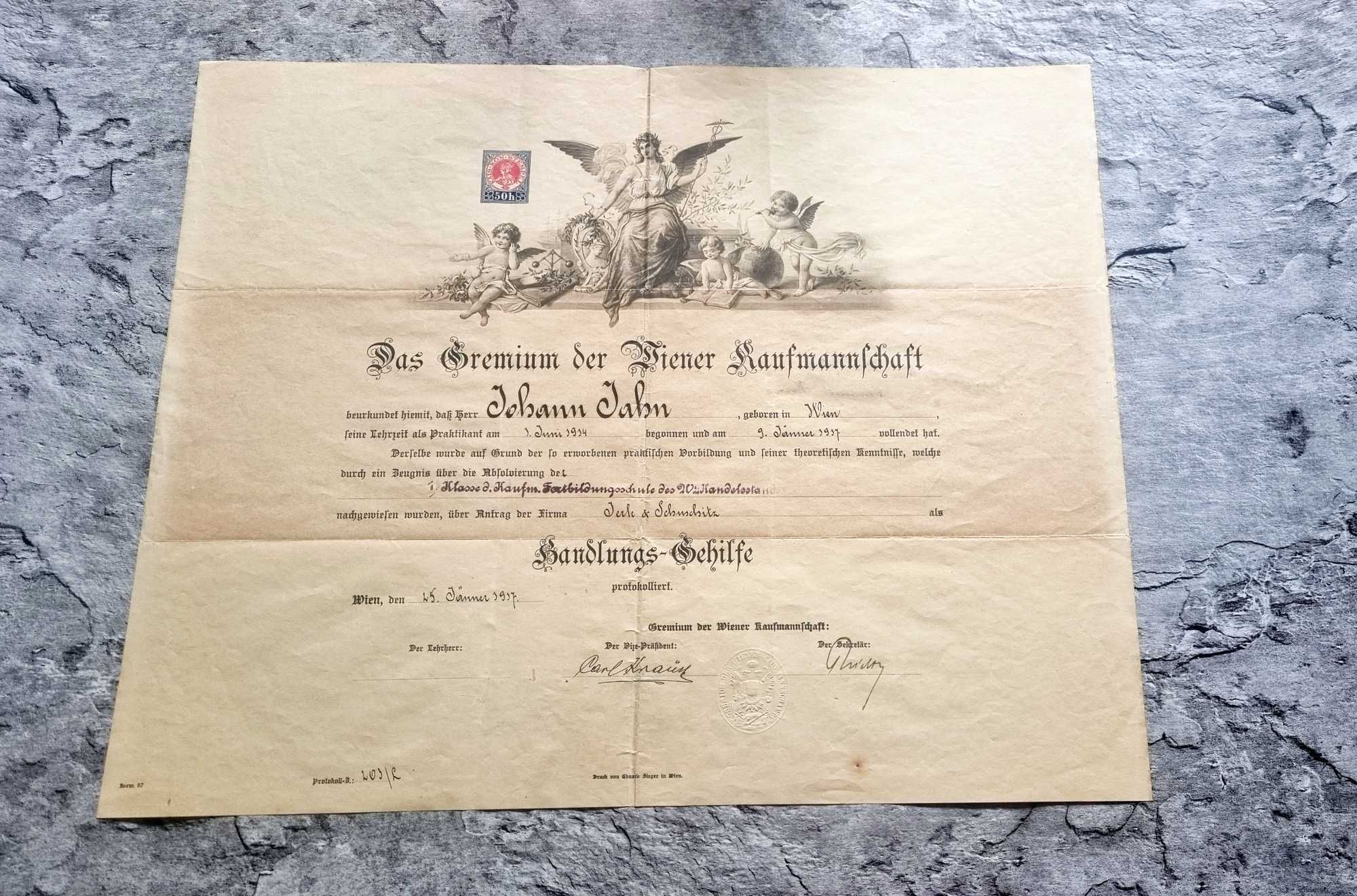 Niemiecki dyplom, certyfikat odbycia stażu w latach 1914 - 1917