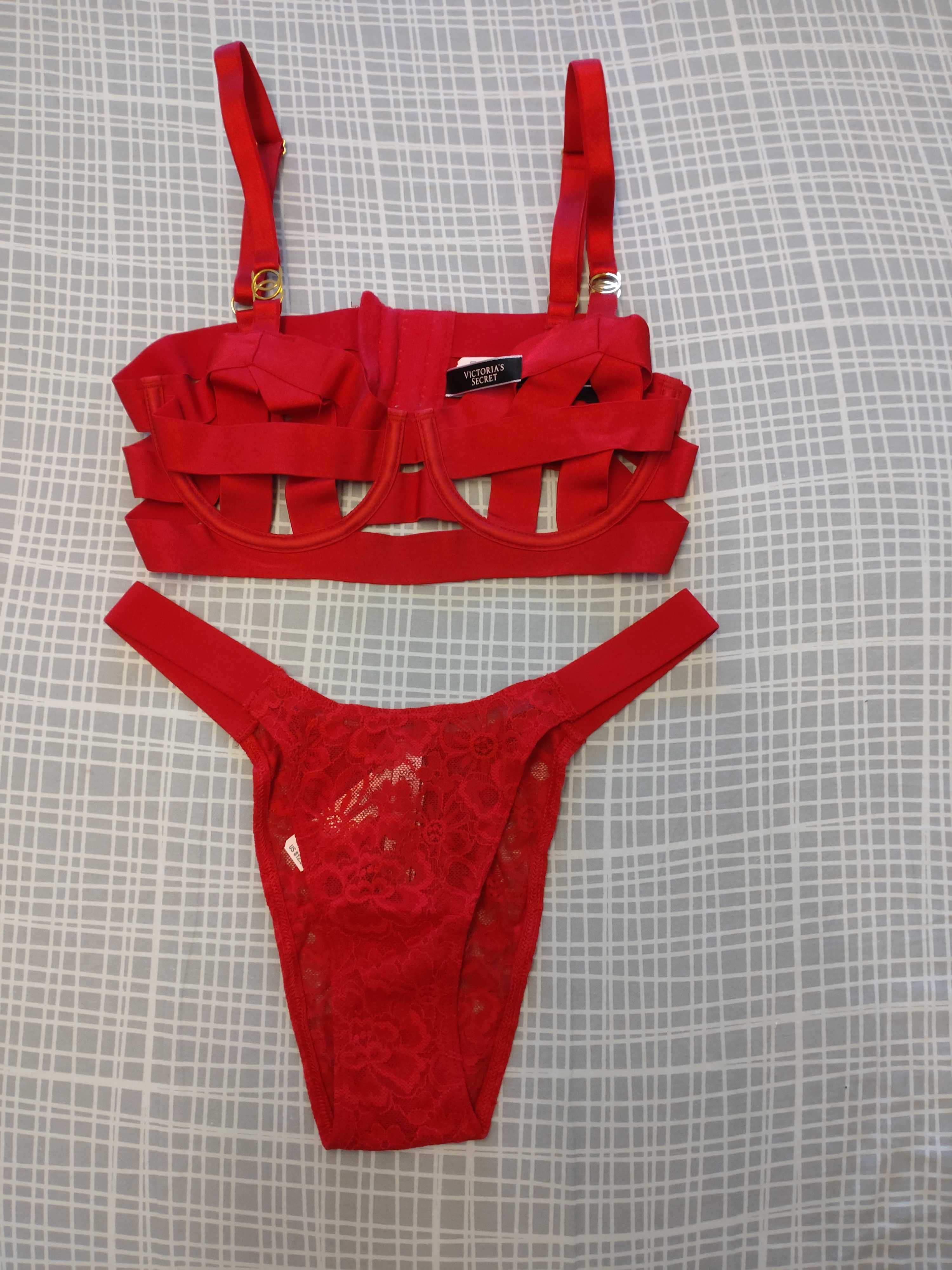 Komplet Victoria's Secret 32B biustonosz S brazyliany czerwone