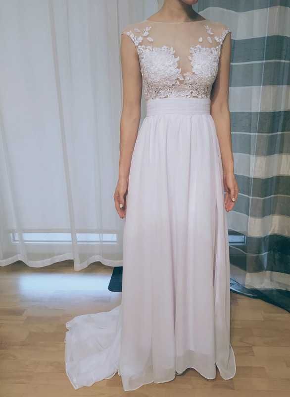 Suknia ślubna biała długa koronka satyna Milla Nova Selena S/M