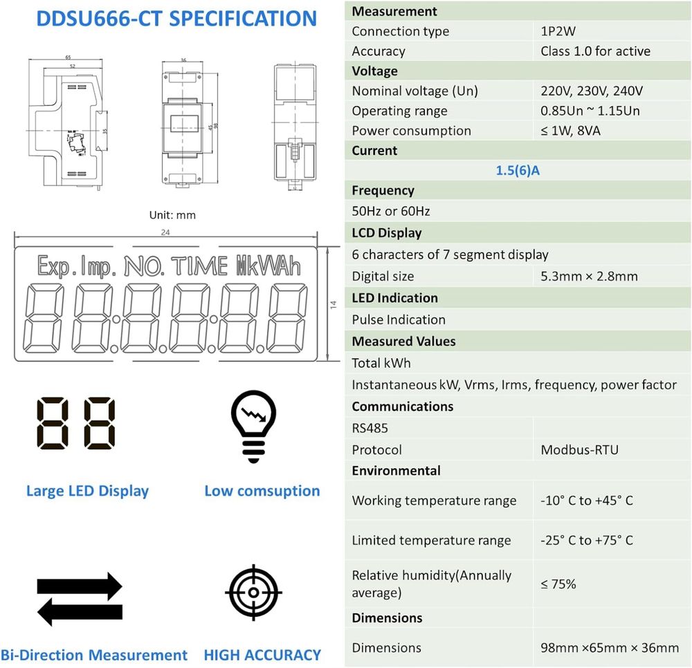DSU666-CT licznik energii RS485, zgodny z Modbus RTU DIN35mm