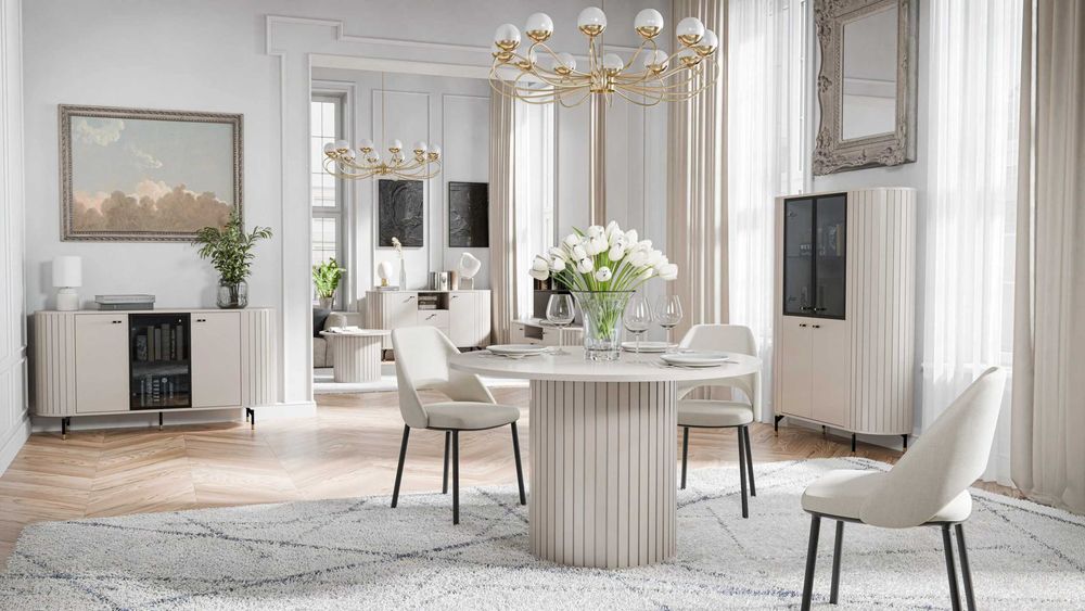 Stół Okrągły Rozkładany ZANTE Z Ryflowaną Nogą ZA8 ZA9 LOFT Biały