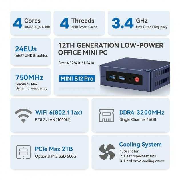 Beelink Mini S12 Pro Intel N100/ RAM 16 Gb/ SSD 500 Gb/ Wi-Fi 6