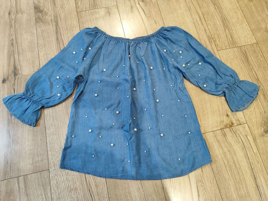 Jeansowa bluzka tunika z perłami