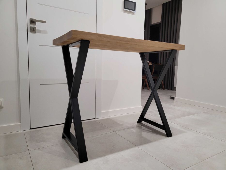 Stolik / konsola dębowa, czarne metalowe nogi - nowy