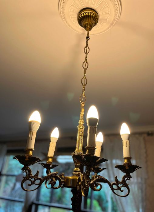 Antyk - antyczny żyrandol Pająk 5-cio ramienny, brąz, mosiądz