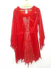 Czerwona welurowa sukienka diabelka z futerkiem i cekinami