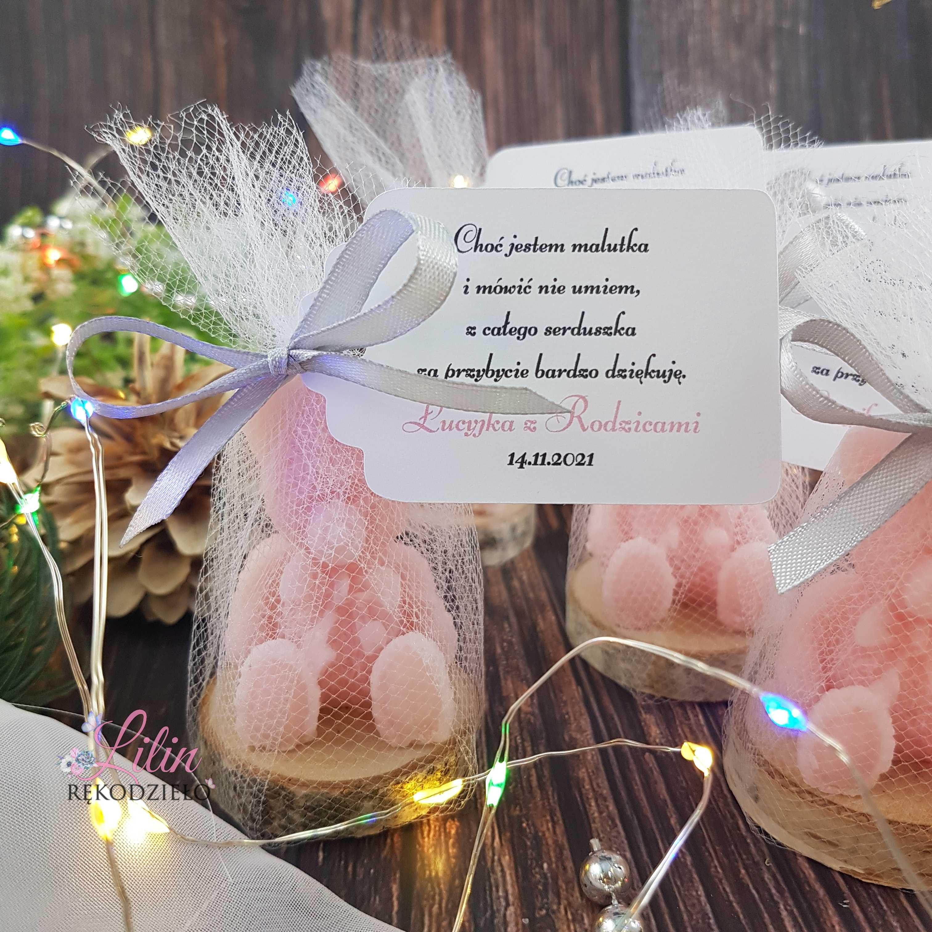 Podziękowanie dla gości na baby shower, roczek, Chrzest Święty - Miś