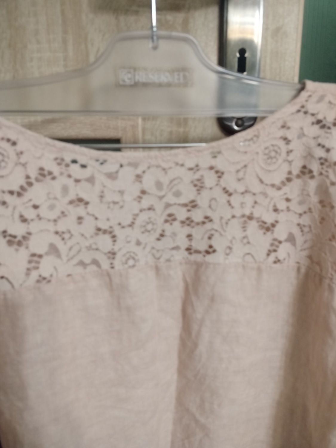 Bluzka damska boho pudrowy róż włoska len koronka kwiat cekiny XL XXL