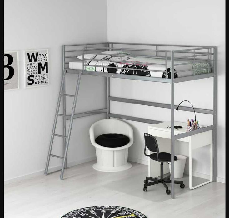 SVÄRTA Rama łóżka na antresoli, srebrny, 90x200 cm, biurko i materac