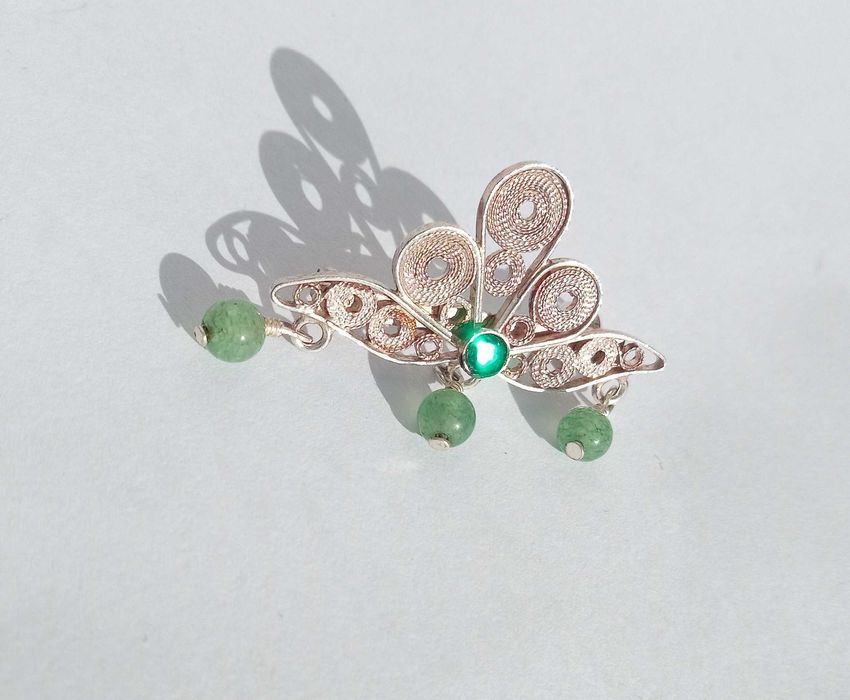 Брошка вінтажна, срібло, скань, 800 проба. Натуральні камні нефрит