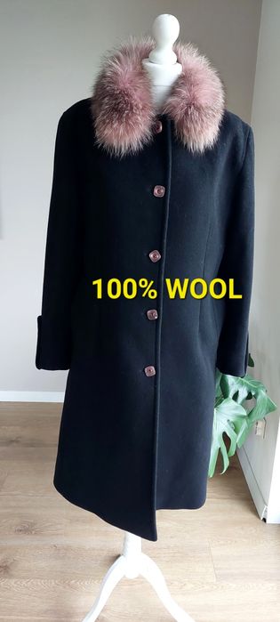 Nicole Miller r.40 czarny płaszcz 100% wełna, futrzany kołnierz