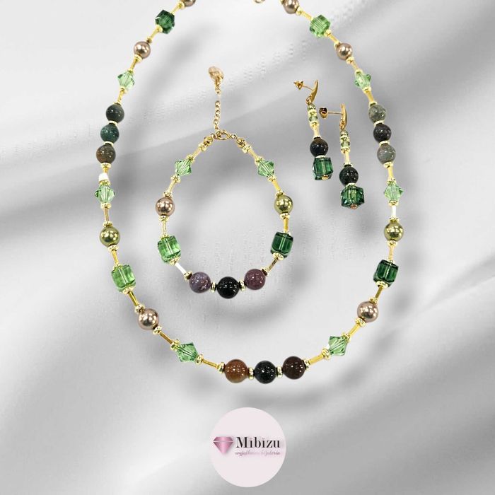 Srebrny komplet - kryształ i agat - bransoletka + kolczyki + naszyjnik