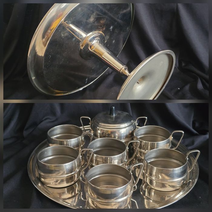 Zestaw: taca, filiżanki,  cukiernica,  patera na nodze retro prl