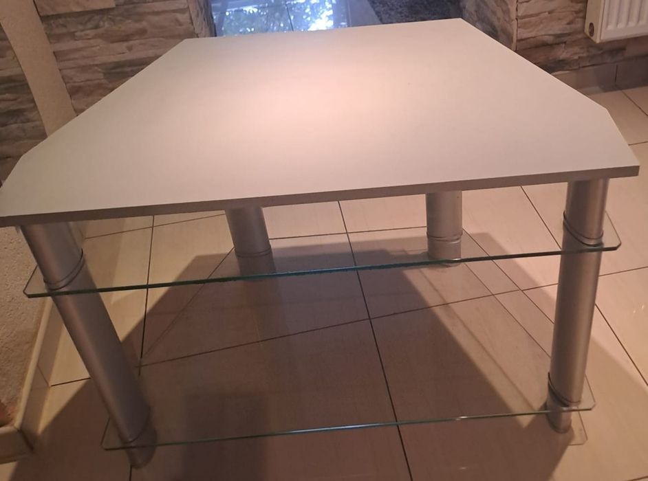 Szklany stolik z drewnianym blatem pod telewizor / szafka RTV