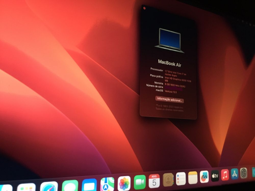 MacBook Air 13,3” Intel Core i7, 8GB RAM, Intel 1536mb, SSD 512GB