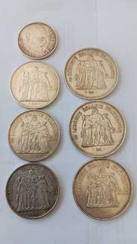 6 moedas de 10 e 50 francos franceses, prata