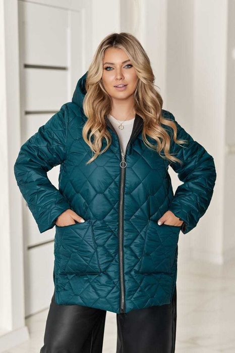 Зимова подовжена куртка великий розмір 50-52 смарагдовий колір