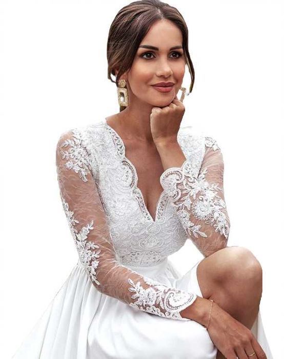Suknia ślubna #2 ecru elegancka długi rękaw koronka rozmiar 34 XS