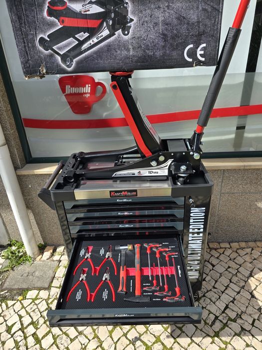 Conjunto de carrinho de ferramentas 6 gavetas e macaco e preguiças