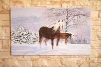 Obraz akrylowy, ręcznie malowany na płótnie - konie zimą