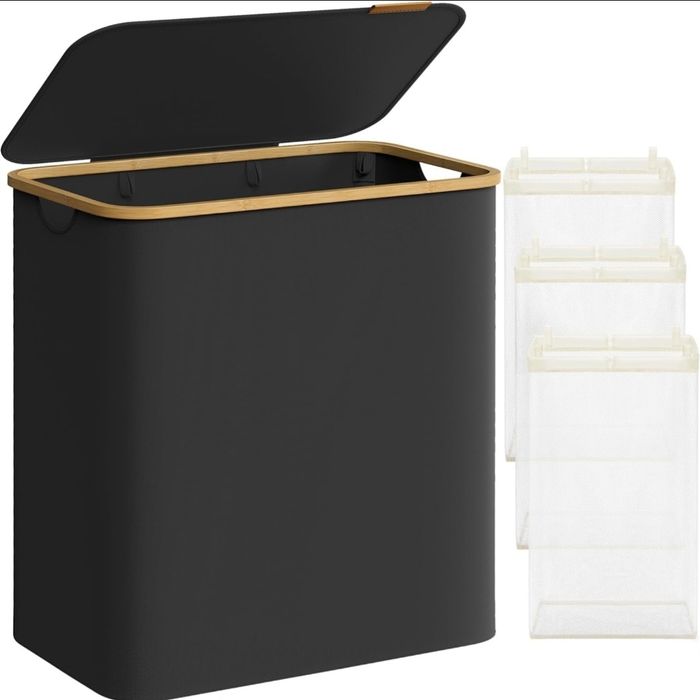 Kosz na pranie wolnostojący sorter z pokrywą 3 komory 150L czarny