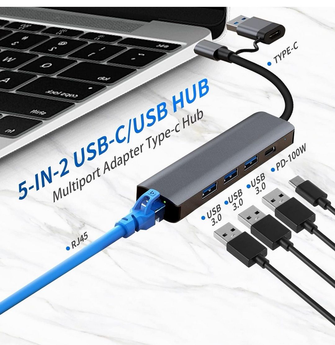 Hub USB C, 5 w 2 typu C/USB 3.0 adapter z podwójną konwersją, 3 x USB