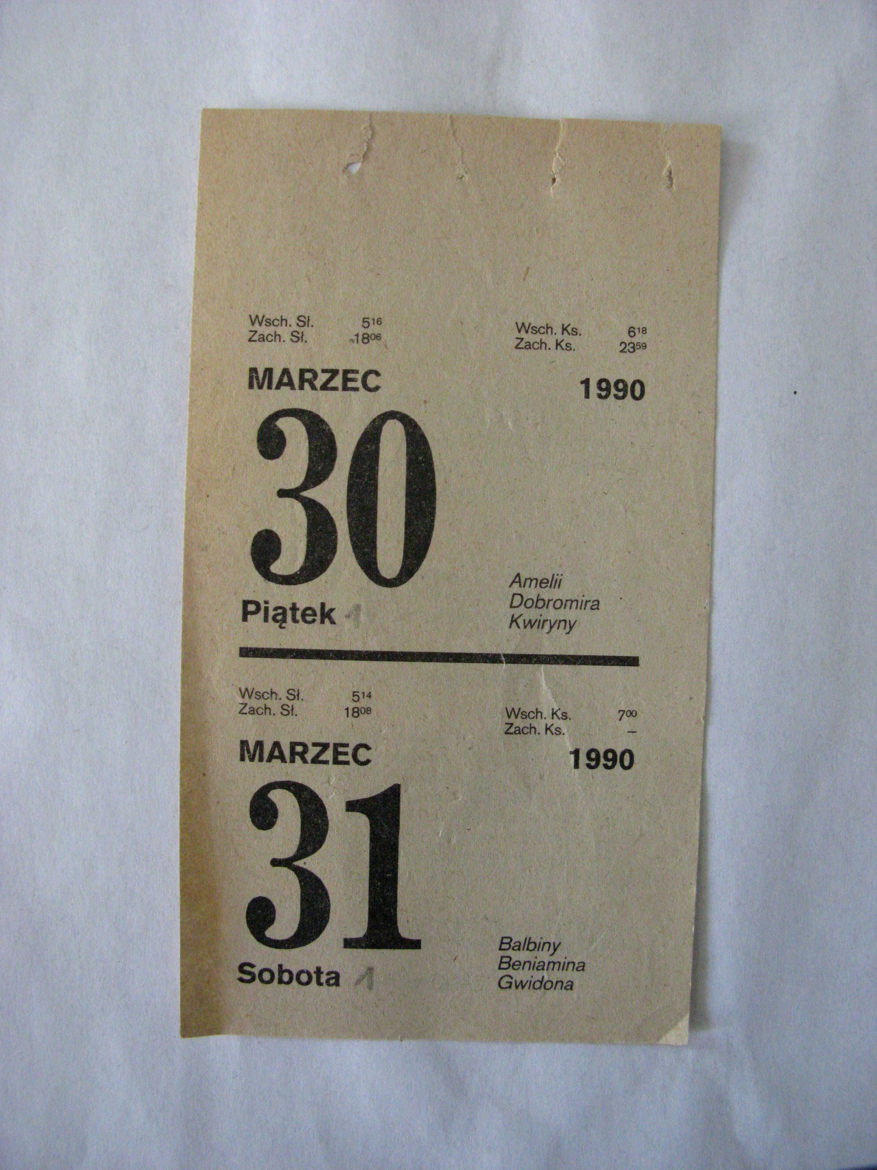 kartka z kalendarza 30/31 marzec 1990