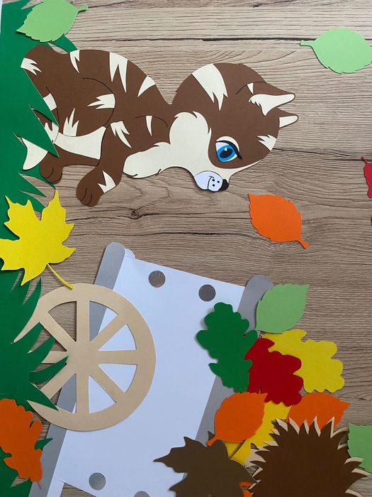 Dekoracja przedszkole szkoła kotki jesień ogród taczka