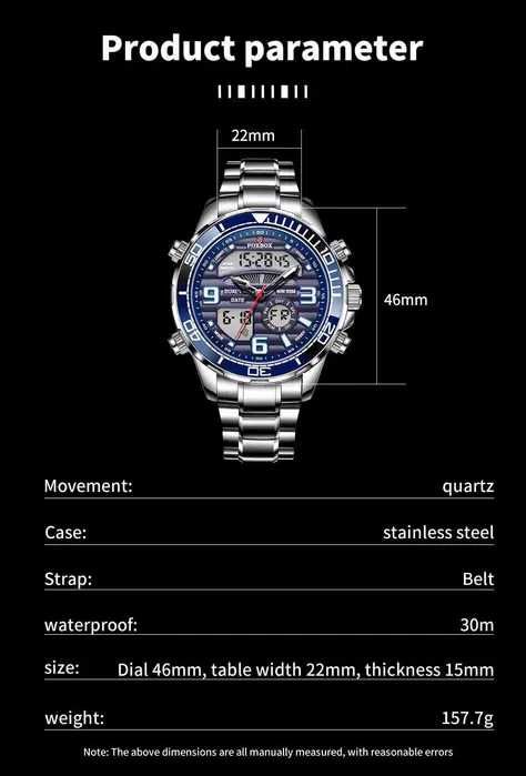 Sportowy duży zegarek analogowo-cyfrowy bransoleta alarm stoper box