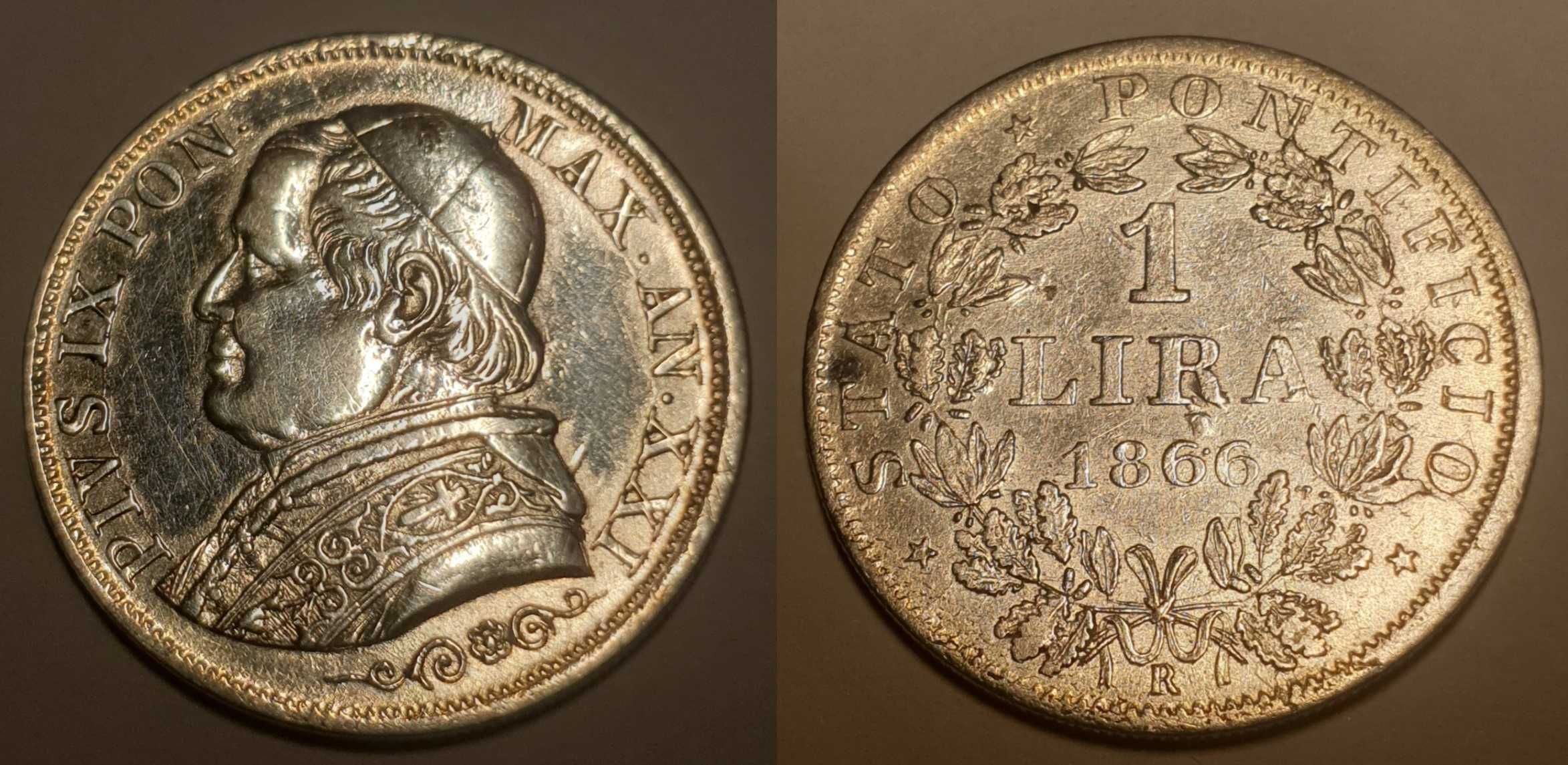 Państwo Kościelne Watykan 1 Lira 1866 Pius IX